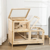 HKM-5771837 2-Tier Wooden Hamster Cage with Seesaw, Running Wheel & Tray for Small Animals