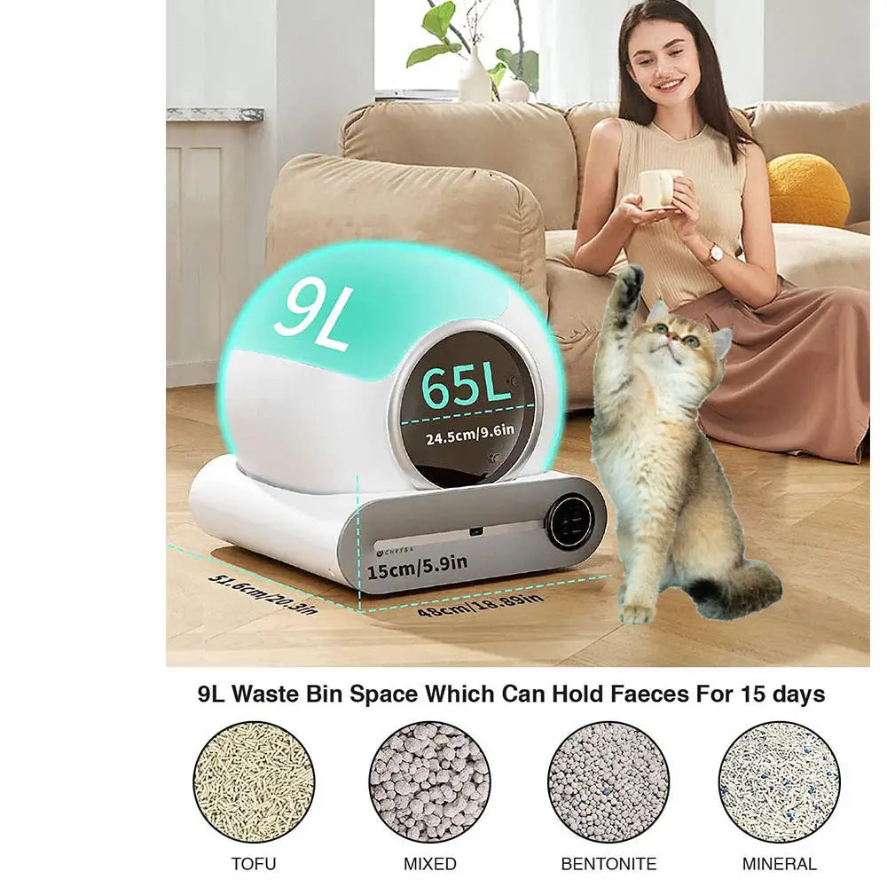 HKM-577555 Large Capacity Smart Cat Litter Box with Automatic Cleaning and Odor Control, 65L Easy-Clean Design