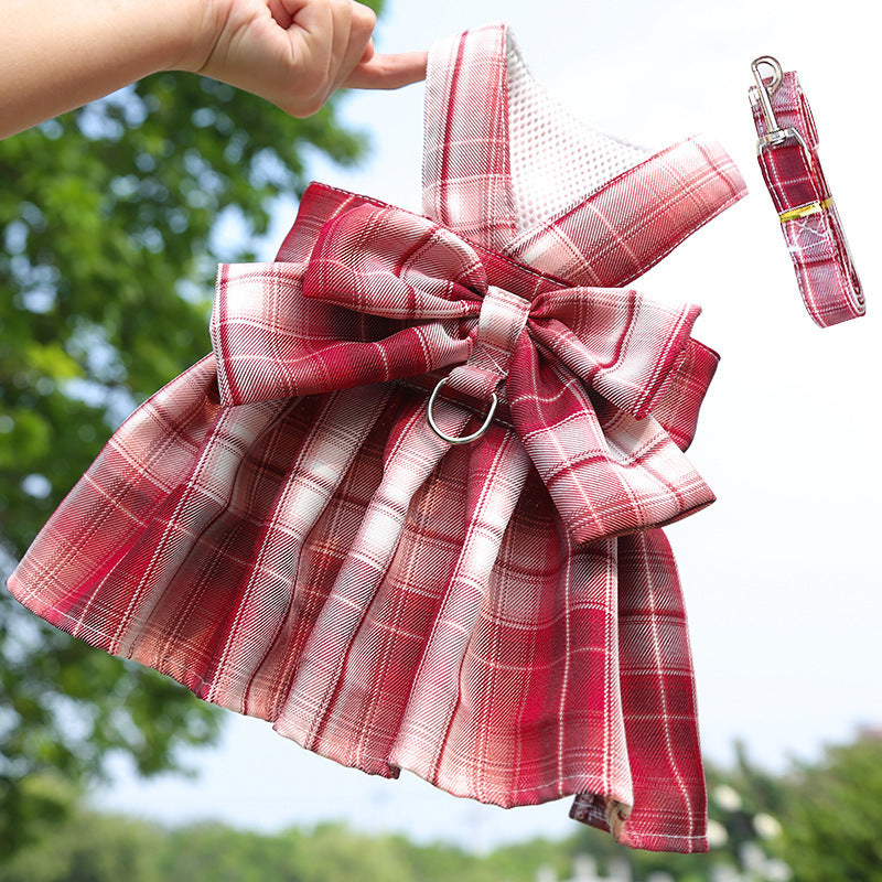 HKM-5777213 Pet Plaid Skirt with Chest Strap and Leash in Various Colors