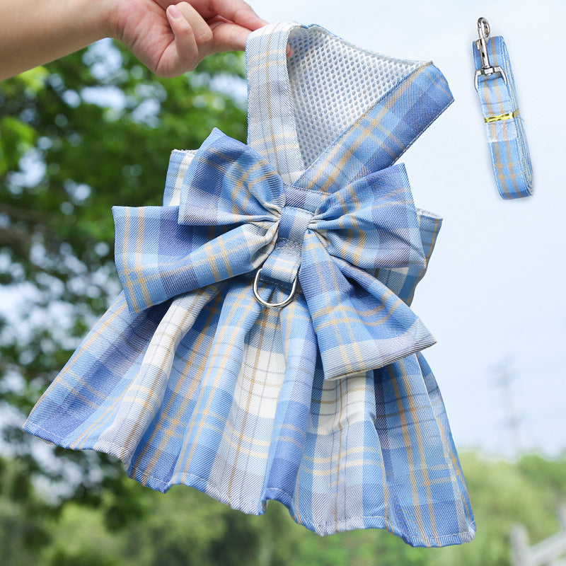 HKM-5777213 Pet Plaid Skirt with Chest Strap and Leash in Various Colors