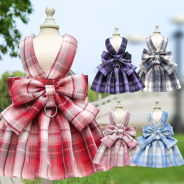 HKM-5777213 Pet Plaid Skirt with Chest Strap and Leash in Various Colors