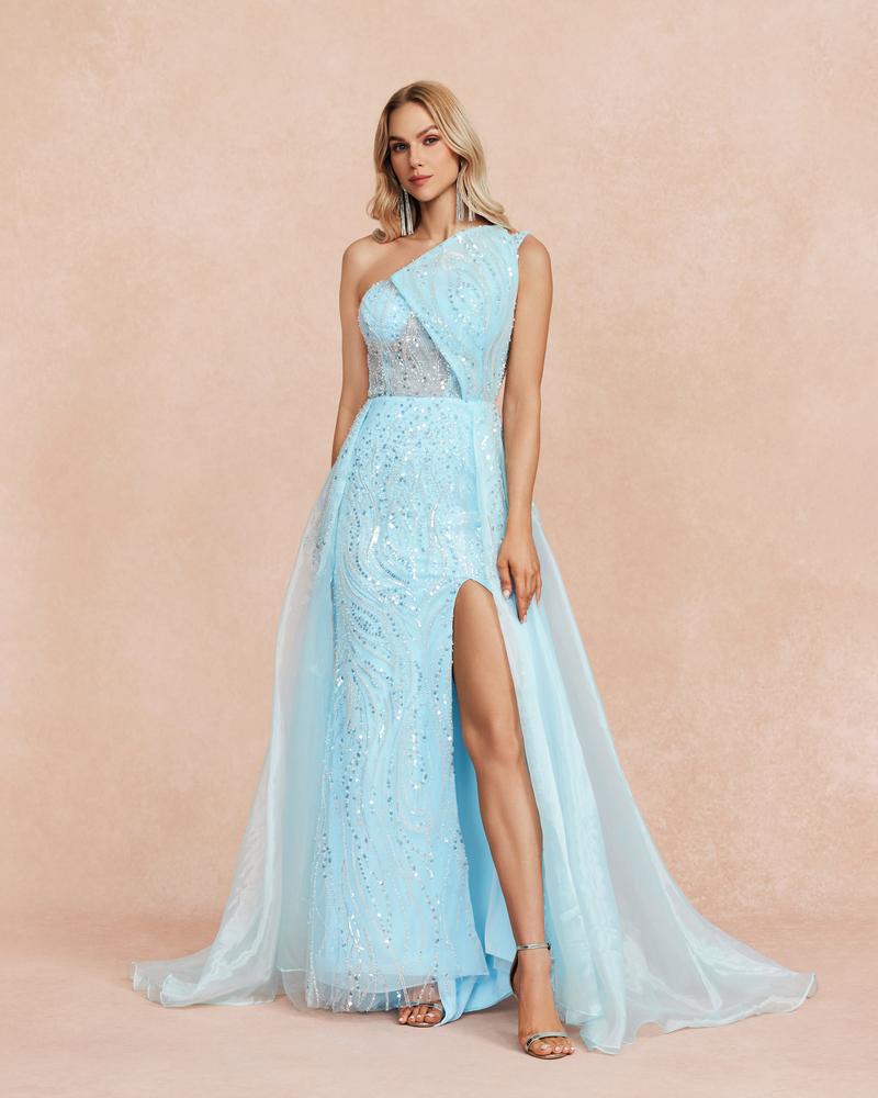 HKM-577811 Elegant Blue Evening Dress with Pleated Design for Women