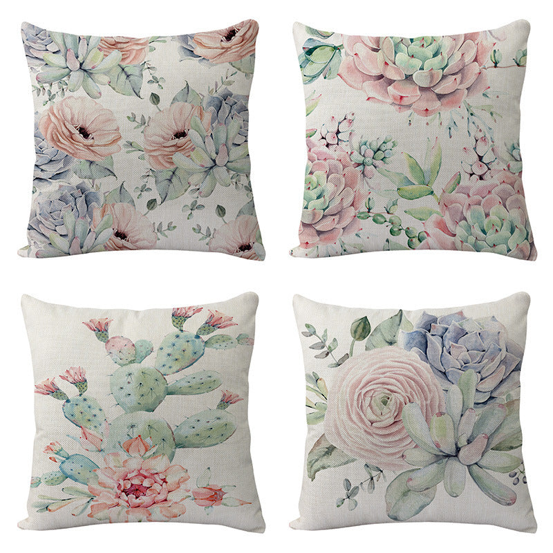 HKM-577811 Flowers and Birds Floral Linen Lumbar Pillow for Car and Sofa - 45x45cm (Pillowcase Only)