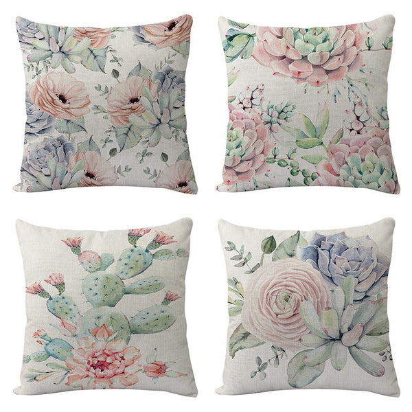HKM-577811 Flowers and Birds Floral Linen Lumbar Pillow for Car and Sofa - 45x45cm (Pillowcase Only)