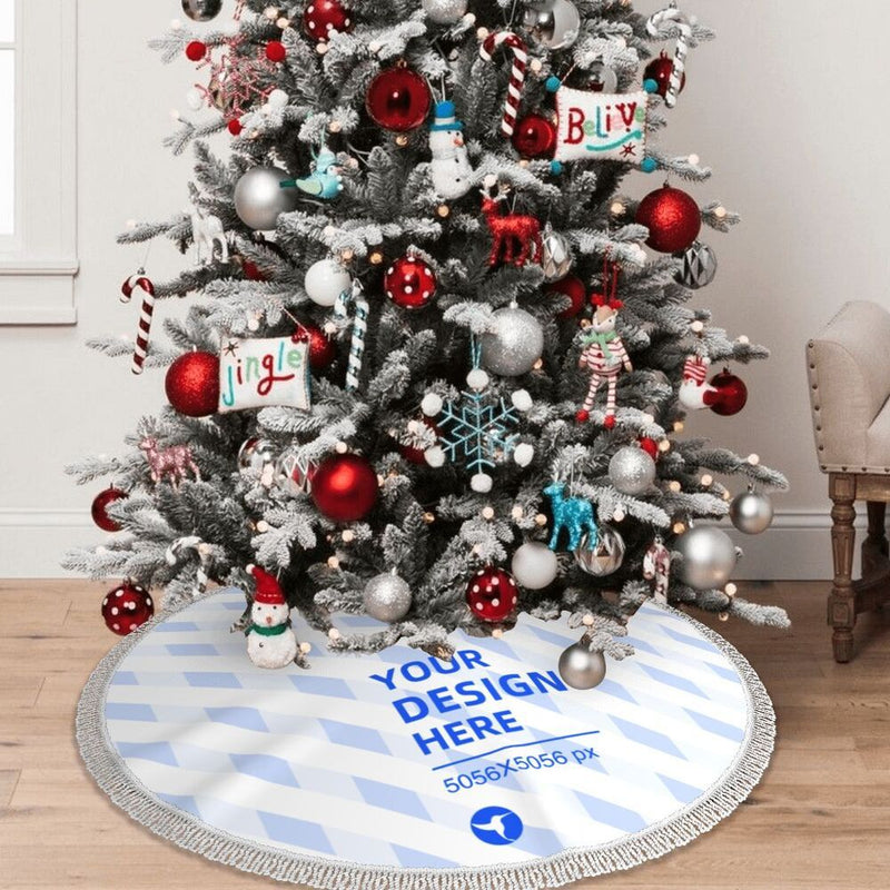 HKM-577875 Fringed Edge Christmas Tree Skirt with Ties, Water-Repellent Polyester, Available in Multiple Sizes