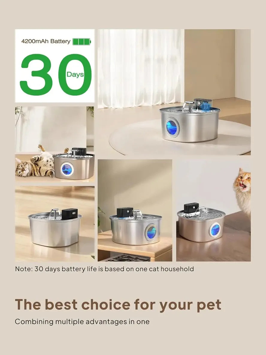 HKM-577875 Stainless Steel Cat Water Fountain 3.2L with Dual Outlet - Portable Automatic Drinking Station