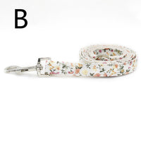 HKM-5779901 White Flower Pattern Cotton Pet Collar and Leash Set with Metal Buckle