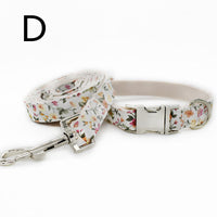 HKM-5779901 White Flower Pattern Cotton Pet Collar and Leash Set with Metal Buckle