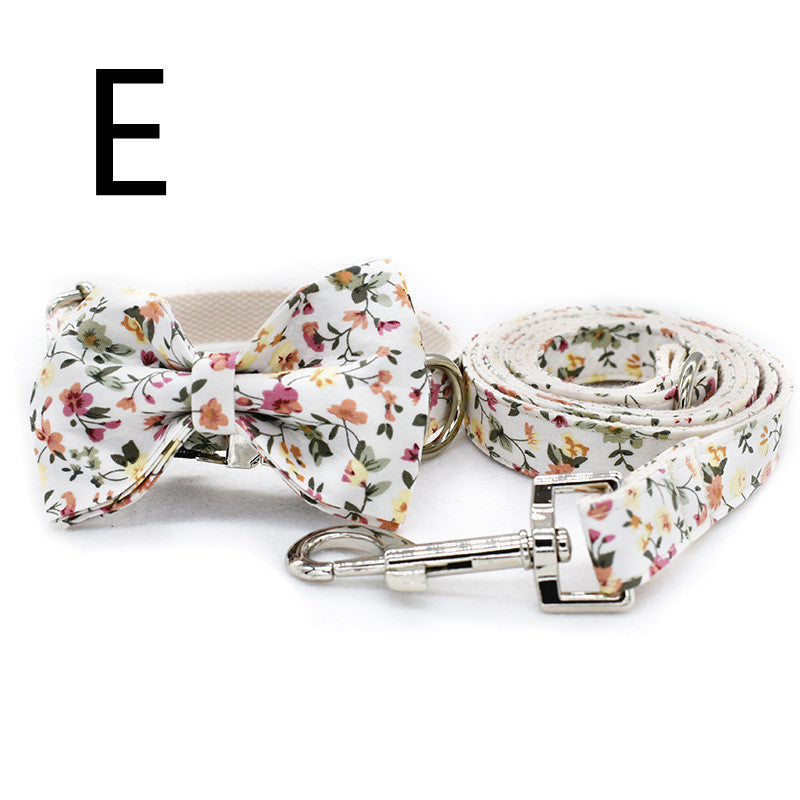 HKM-5779901 White Flower Pattern Cotton Pet Collar and Leash Set with Metal Buckle