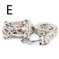HKM-5779901 White Flower Pattern Cotton Pet Collar and Leash Set with Metal Buckle