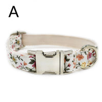 HKM-5779901 White Flower Pattern Cotton Pet Collar and Leash Set with Metal Buckle