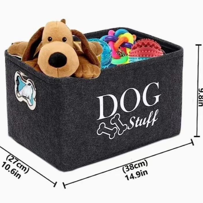 HKM-5780157 Felt Storage Box with Metal Handle for Pet Toys and Snacks - Dark Gray, 38x27x25 cm