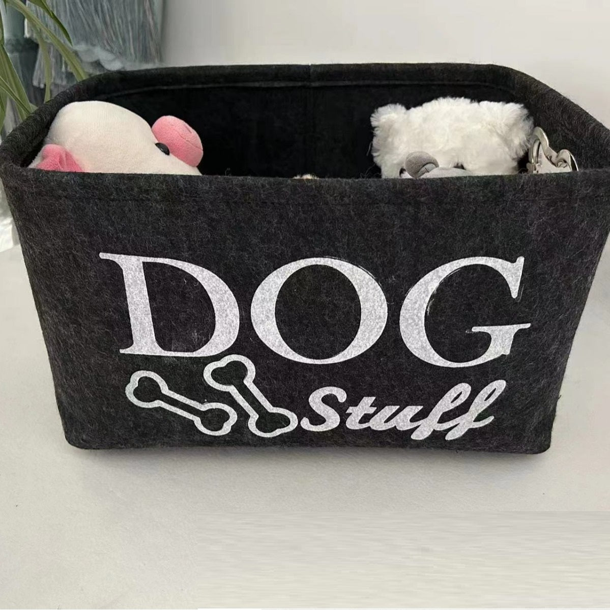 HKM-5780157 Felt Storage Box with Metal Handle for Pet Toys and Snacks - Dark Gray, 38x27x25 cm