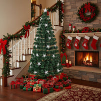 HKM-578067 6FT Pre-Lit Christmas Tree with 500 PVC Tips, Fiber Optic Lights, Metal Stand for Indoor Holiday Decoration