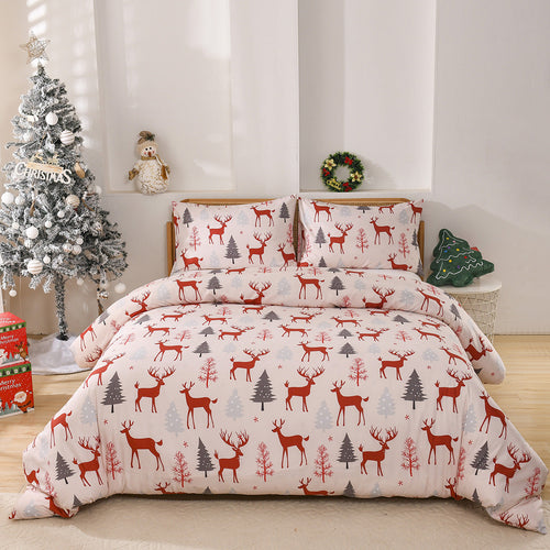 HKM-578067 Christmas Forest Deer Pattern Three-Piece Quilt Cover Set in Multiple Sizes