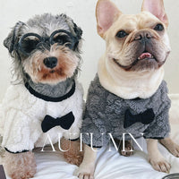 HKM-5781693 French Bow Tie Sweater for Corgis in Beige and Gray Double-Sided Velvet