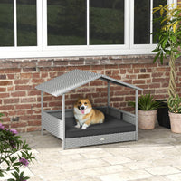 HKM-5782333 Wicker Outdoor Dog House with Canopy, Rattan Pet Bed, Water-Resistant Cushion for Small to Medium Dogs up to 66 lbs