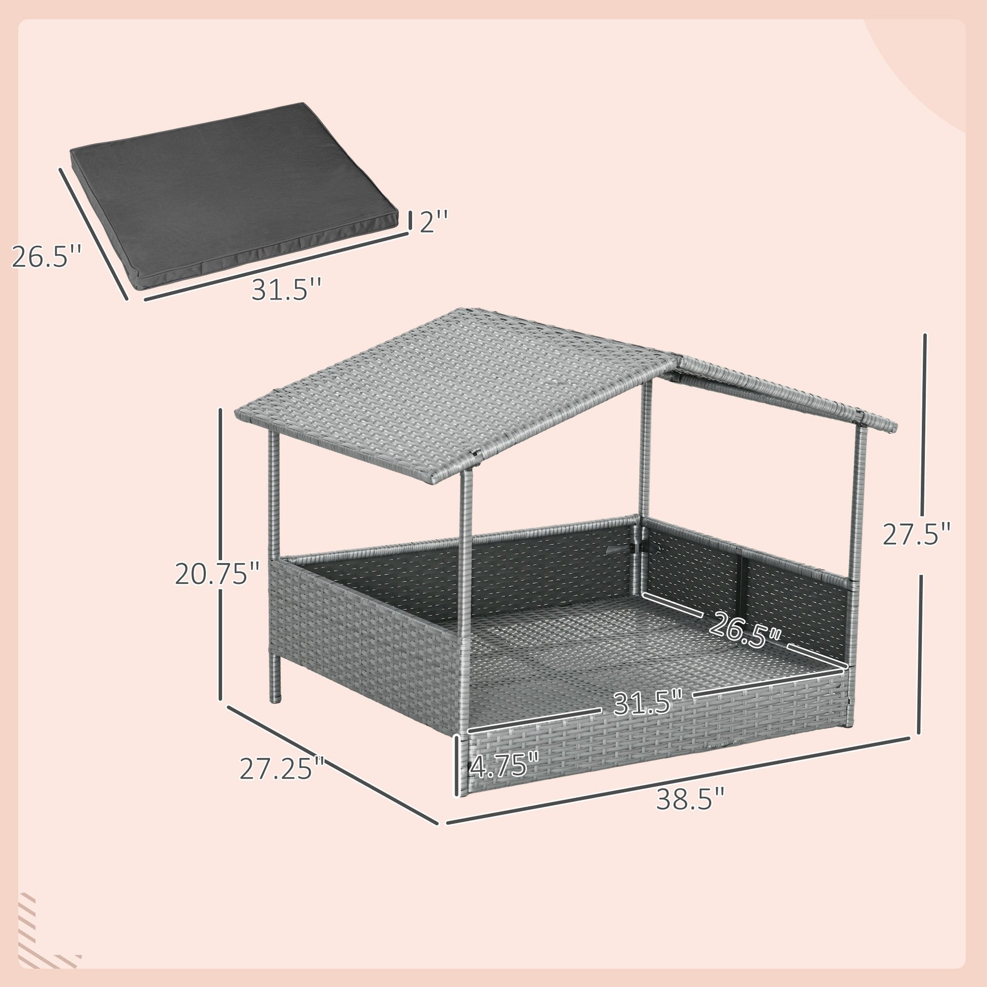 HKM-5782333 Wicker Outdoor Dog House with Canopy, Rattan Pet Bed, Water-Resistant Cushion for Small to Medium Dogs up to 66 lbs