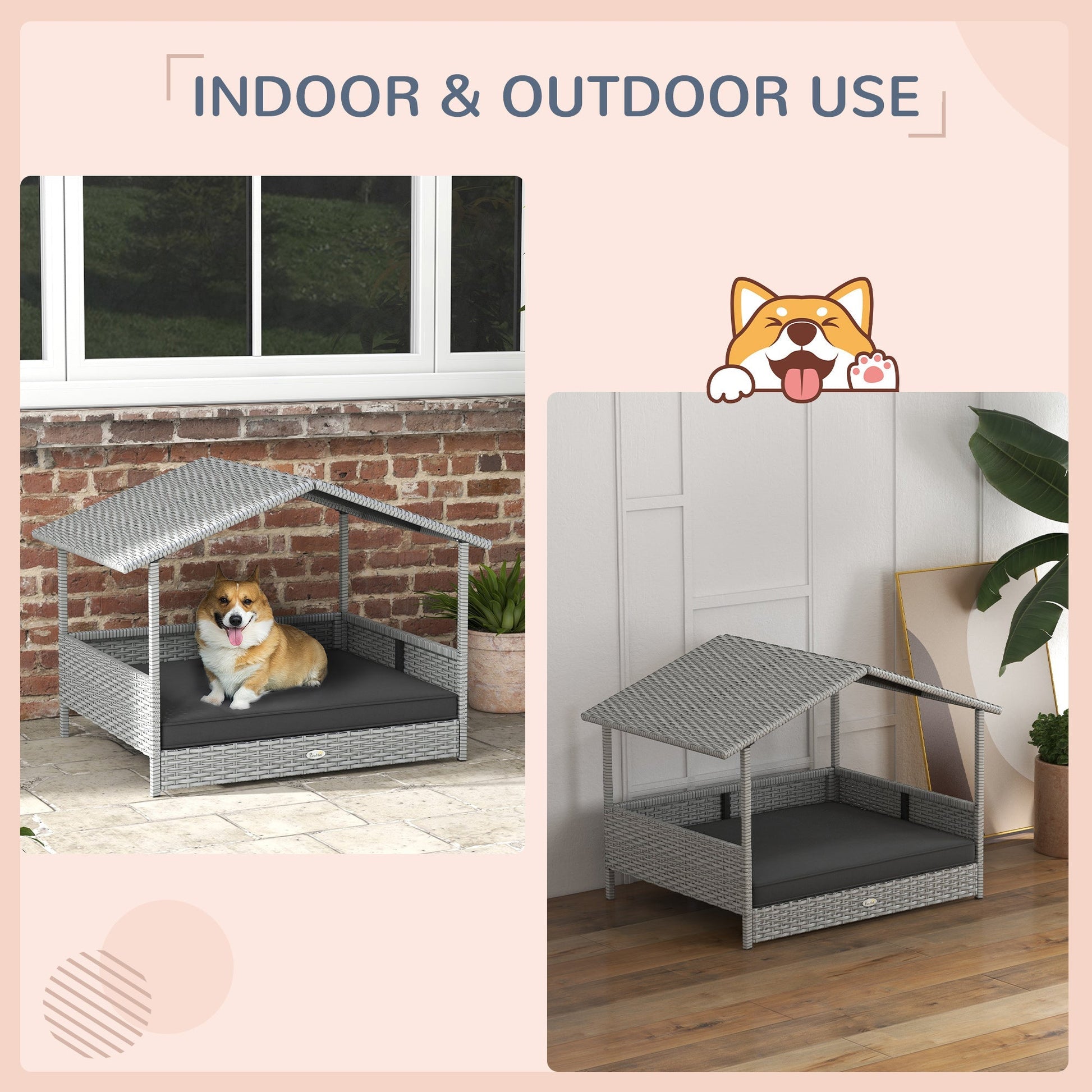HKM-5782333 Wicker Outdoor Dog House with Canopy, Rattan Pet Bed, Water-Resistant Cushion for Small to Medium Dogs up to 66 lbs