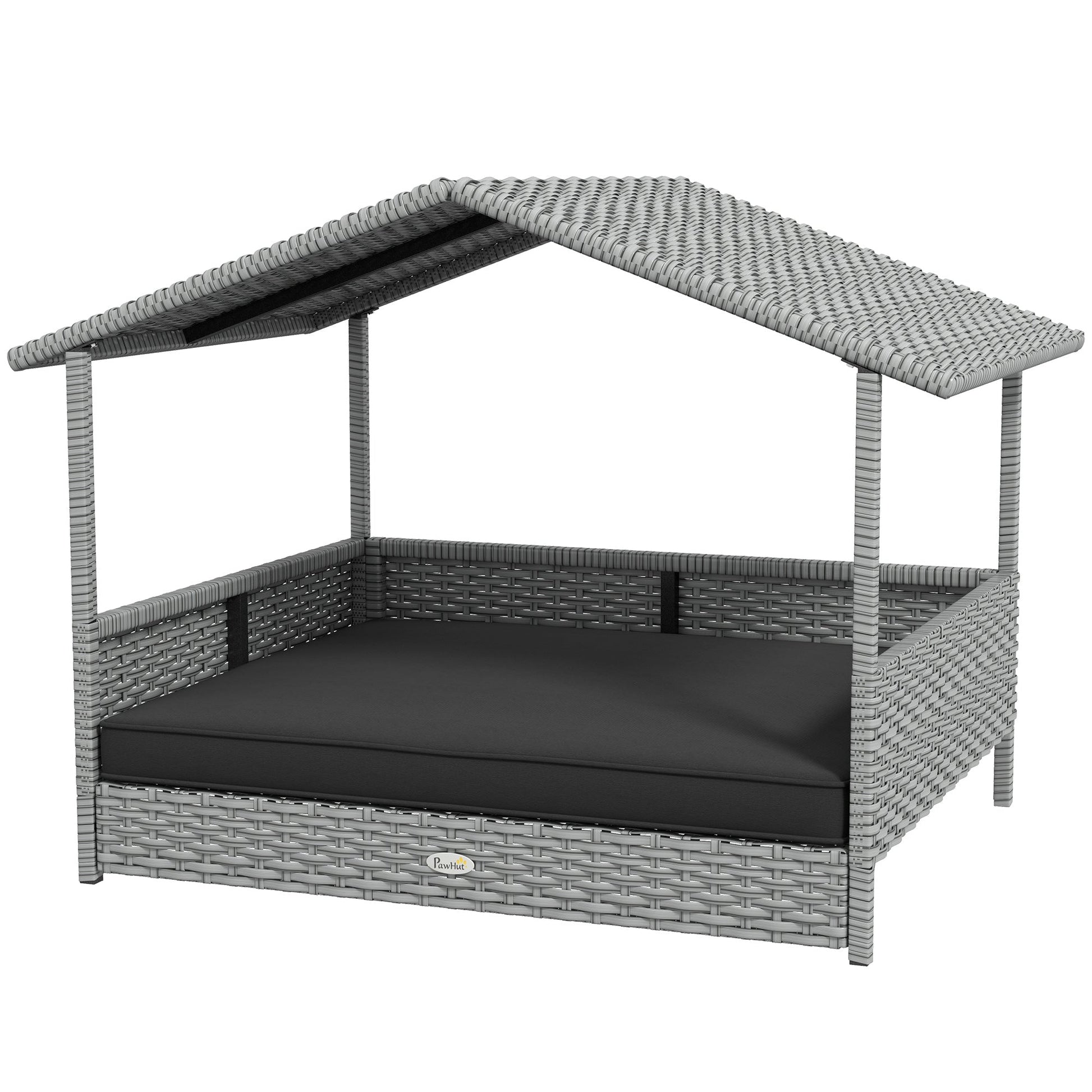 HKM-5782333 Wicker Outdoor Dog House with Canopy, Rattan Pet Bed, Water-Resistant Cushion for Small to Medium Dogs up to 66 lbs
