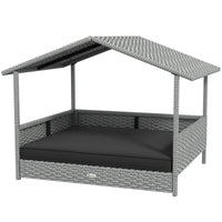 HKM-5782333 Wicker Outdoor Dog House with Canopy, Rattan Pet Bed, Water-Resistant Cushion for Small to Medium Dogs up to 66 lbs