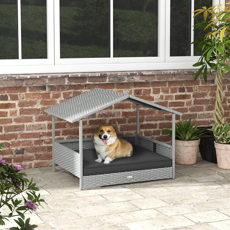 HKM-5782333 Wicker Outdoor Dog House with Canopy, Rattan Pet Bed, Water-Resistant Cushion for Small to Medium Dogs up to 66 lbs