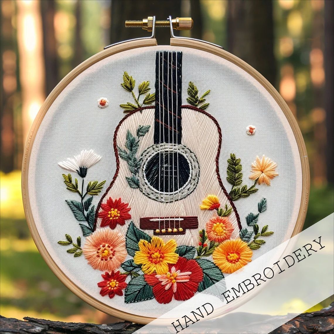 HKM-578259 Flower Embroidery Material Package with Imitation Bamboo Frame and Tools, Modern Landscape Design, Cotton and Linen, 28x28cm
