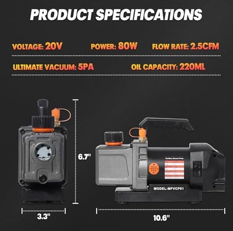 HKM-578323 Cordless 2.5CFM Vacuum Pump Kit for Automotive HVAC with Oil-Gas Separator and Compatible Battery
