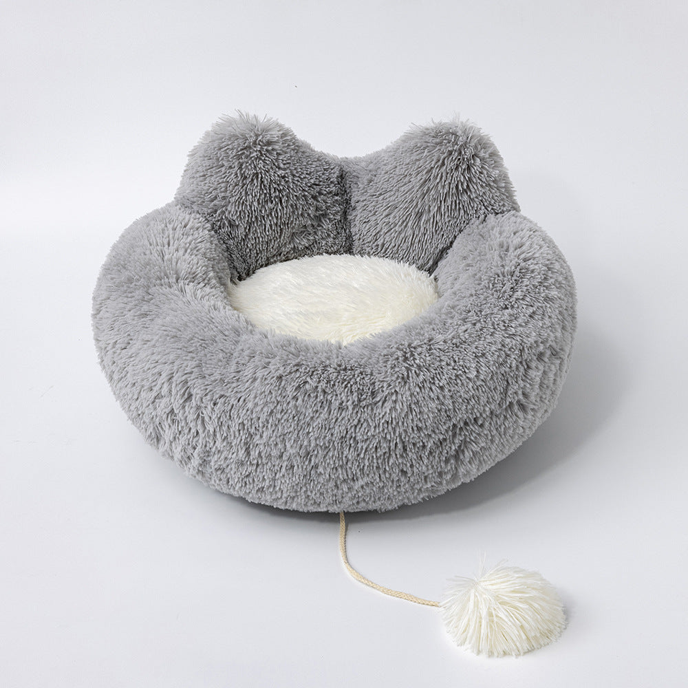 HKM-5783741 Plush Cat Ears Round Nest Bed - Soft Long Hair Design, Available in 50CM and 60CM Options