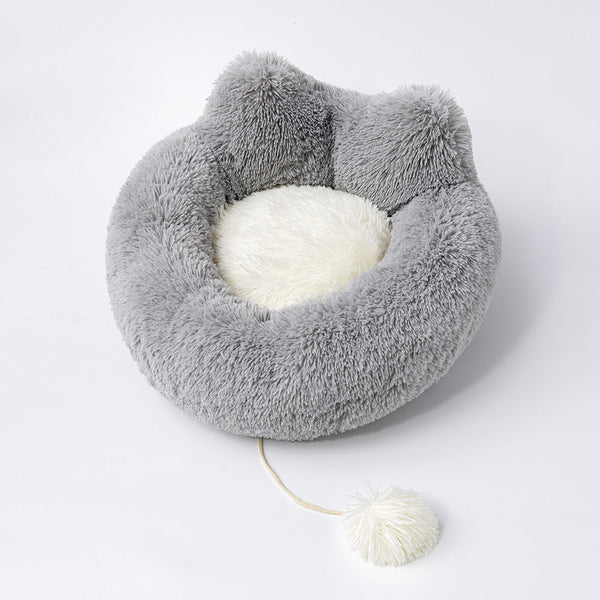 HKM-5783741 Plush Cat Ears Round Nest Bed - Soft Long Hair Design, Available in 50CM and 60CM Options