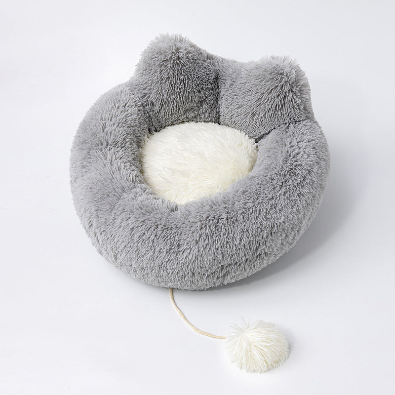 HKM-5783741 Plush Cat Ears Round Nest Bed - Soft Long Hair Design, Available in 50CM and 60CM Options