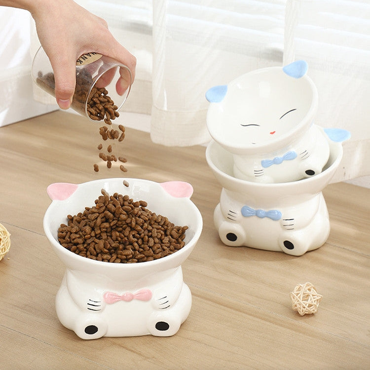 HKM-5783869 Hand-Painted Ceramic Pet High-Footed Food Bowl with Sloping Neck Design