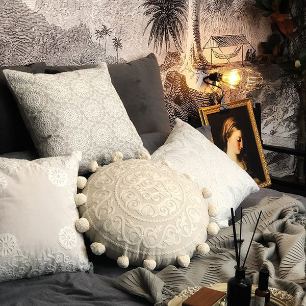 HKM-578643 Vintage French Style Embroidered Pillow, 45cm x 45cm, Cotton Canvas, Without Core