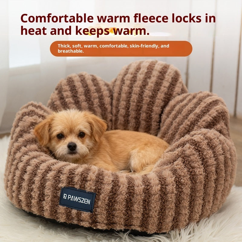 HKM-5787709 Thickened Warm Cat Nest in Light Blue and Brown Striped Flower Design, Multiple Sizes Available