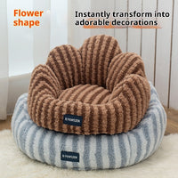 HKM-5787709 Thickened Warm Cat Nest in Light Blue and Brown Striped Flower Design, Multiple Sizes Available