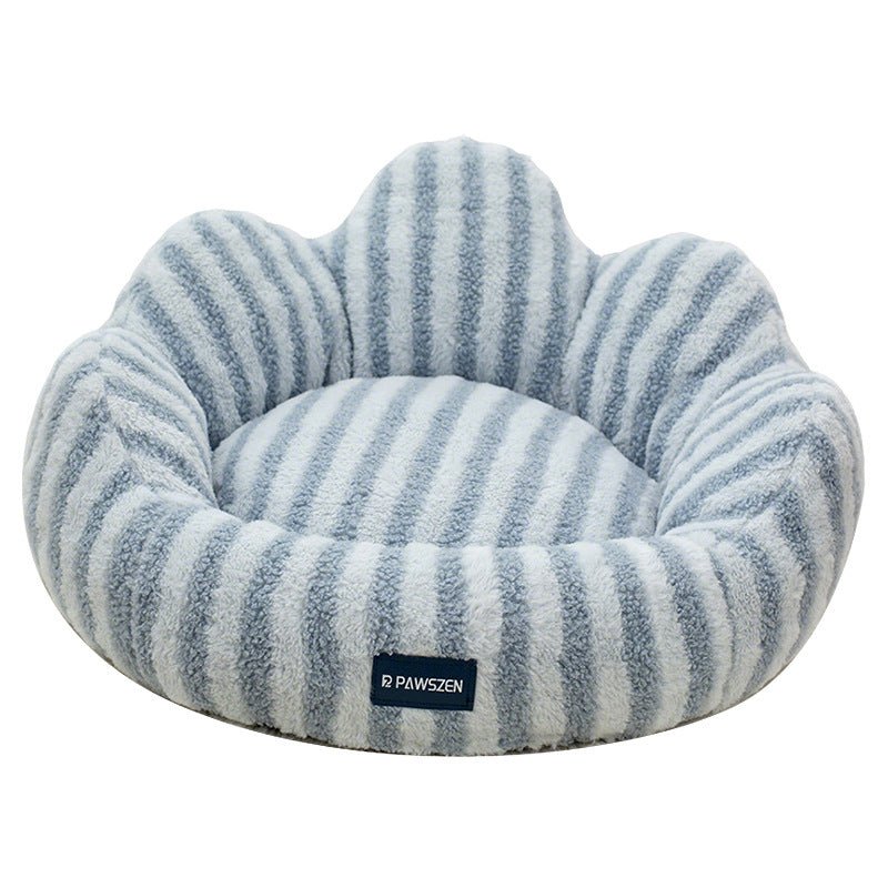 HKM-5787709 Thickened Warm Cat Nest in Light Blue and Brown Striped Flower Design, Multiple Sizes Available