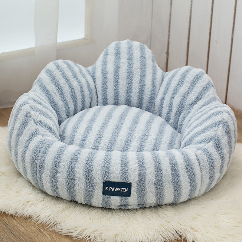 HKM-5787709 Thickened Warm Cat Nest in Light Blue and Brown Striped Flower Design, Multiple Sizes Available