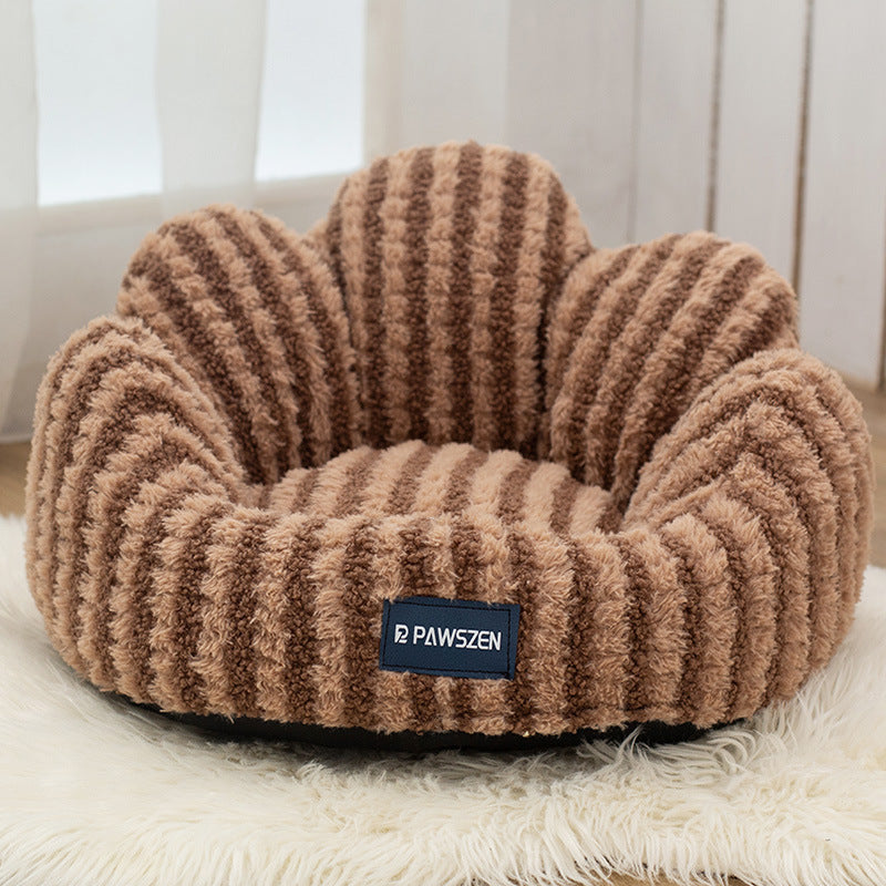 HKM-5787709 Thickened Warm Cat Nest in Light Blue and Brown Striped Flower Design, Multiple Sizes Available