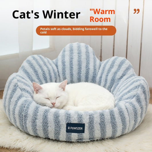 HKM-5787709 Thickened Warm Cat Nest in Light Blue and Brown Striped Flower Design, Multiple Sizes Available
