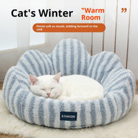 HKM-5787709 Thickened Warm Cat Nest in Light Blue and Brown Striped Flower Design, Multiple Sizes Available