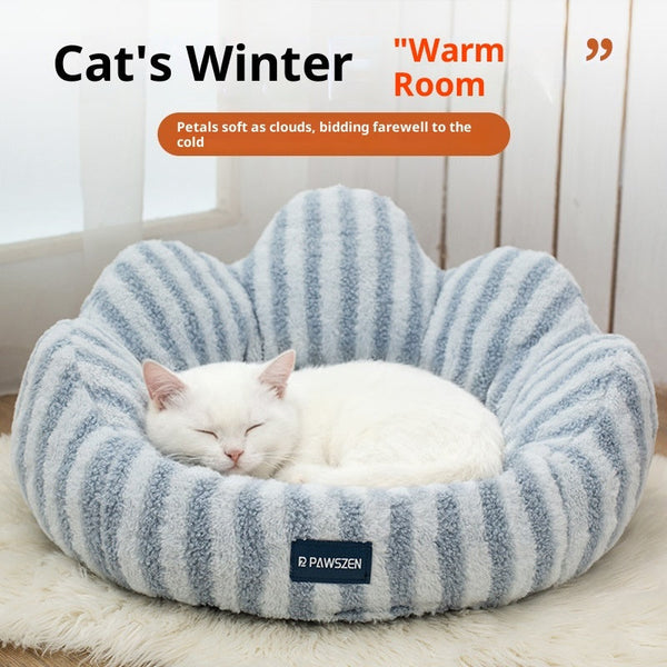 HKM-5787709 Thickened Warm Cat Nest in Light Blue and Brown Striped Flower Design, Multiple Sizes Available