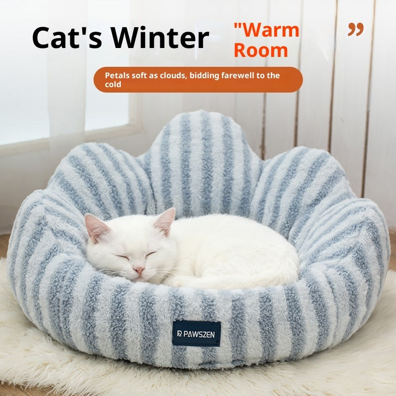 HKM-5787709 Thickened Warm Cat Nest in Light Blue and Brown Striped Flower Design, Multiple Sizes Available