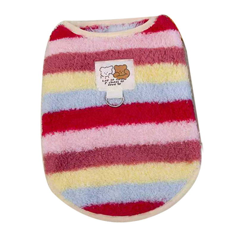 HKM-5788221 Cozy Striped Fuzzy Vest for Small to Medium Dogs - Cute Bear Patch Design