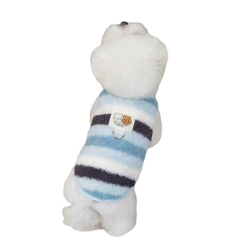 HKM-5788221 Cozy Striped Fuzzy Vest for Small to Medium Dogs - Cute Bear Patch Design