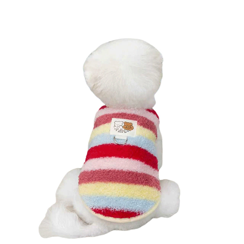 HKM-5788221 Cozy Striped Fuzzy Vest for Small to Medium Dogs - Cute Bear Patch Design