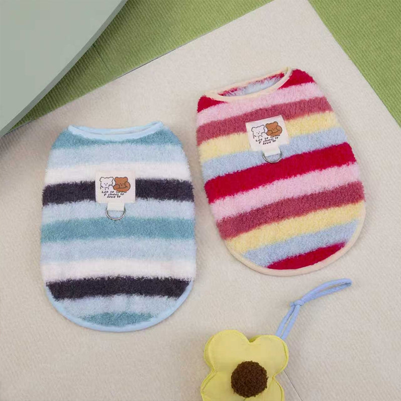 HKM-5788221 Cozy Striped Fuzzy Vest for Small to Medium Dogs - Cute Bear Patch Design