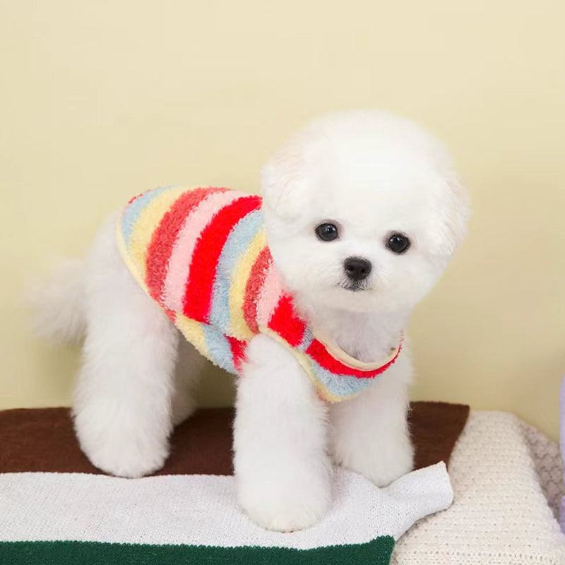 HKM-5788221 Cozy Striped Fuzzy Vest for Small to Medium Dogs - Cute Bear Patch Design