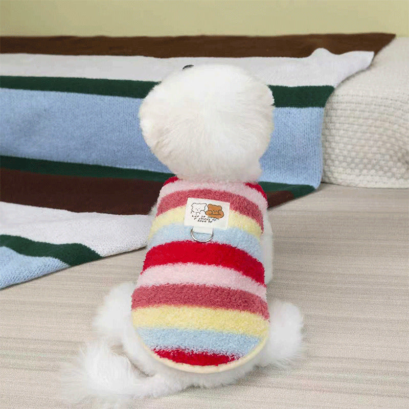 HKM-5788221 Cozy Striped Fuzzy Vest for Small to Medium Dogs - Cute Bear Patch Design