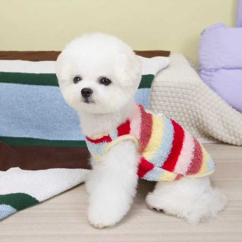 HKM-5788221 Cozy Striped Fuzzy Vest for Small to Medium Dogs - Cute Bear Patch Design