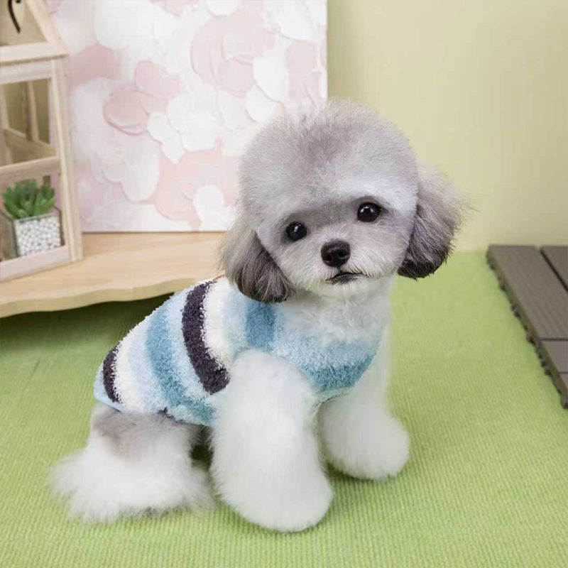 HKM-5788221 Cozy Striped Fuzzy Vest for Small to Medium Dogs - Cute Bear Patch Design